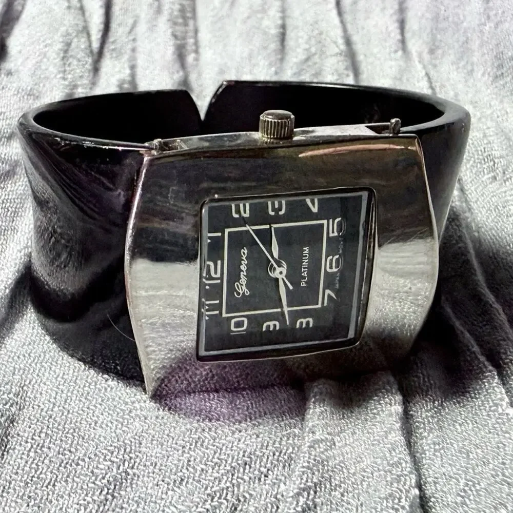 Geneva Platinum Black Cuff Watch + Handmade Beaded Bracelet Set
